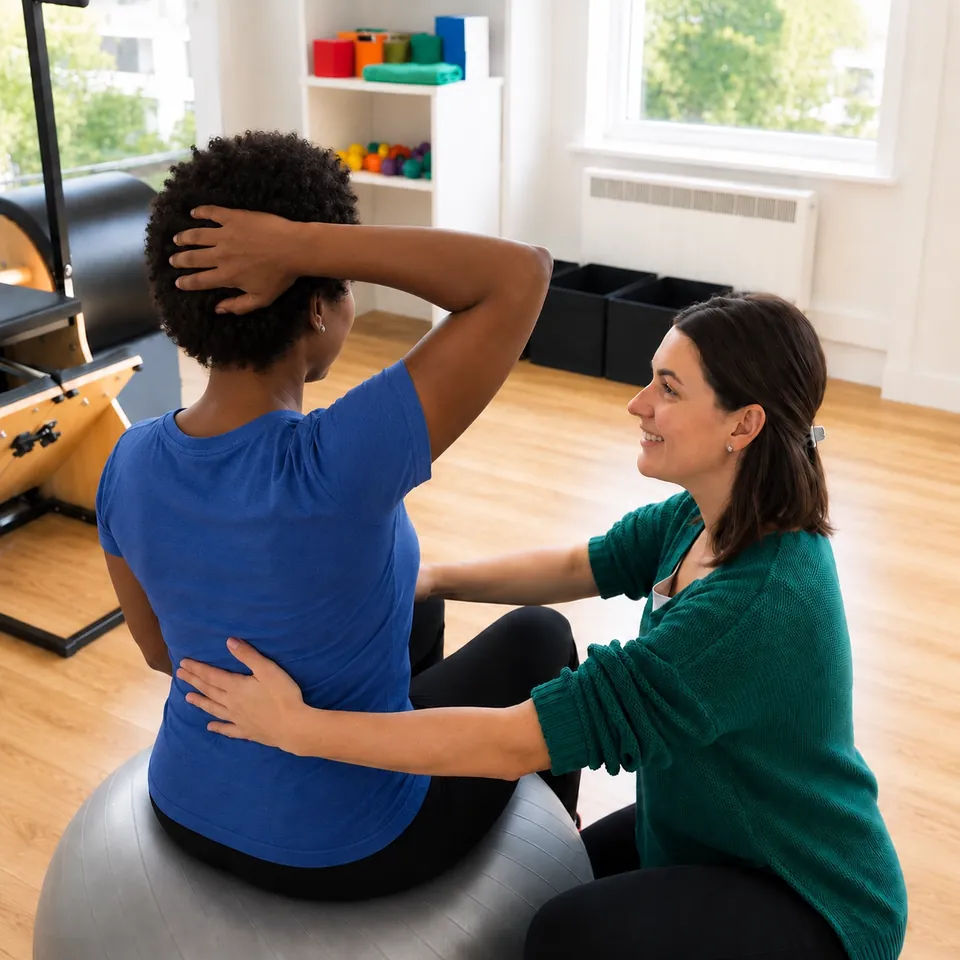 Physiotherapist guiding a patient through a Clinical Pilates exercise on a stability ball
